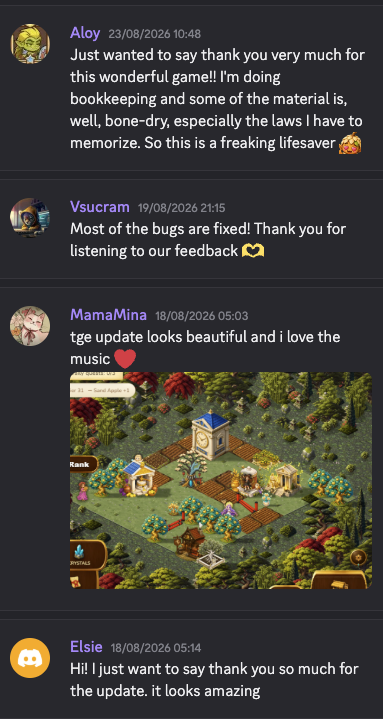 Original Discord testimonials from August 2026.