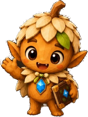 Sprout, a little woodland guardian holding a book and wearing a blue crystal.
