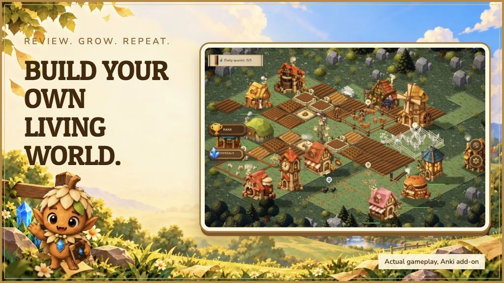 The Cristal Memoria village in the Anki add-on, presented with illustrated scenery.